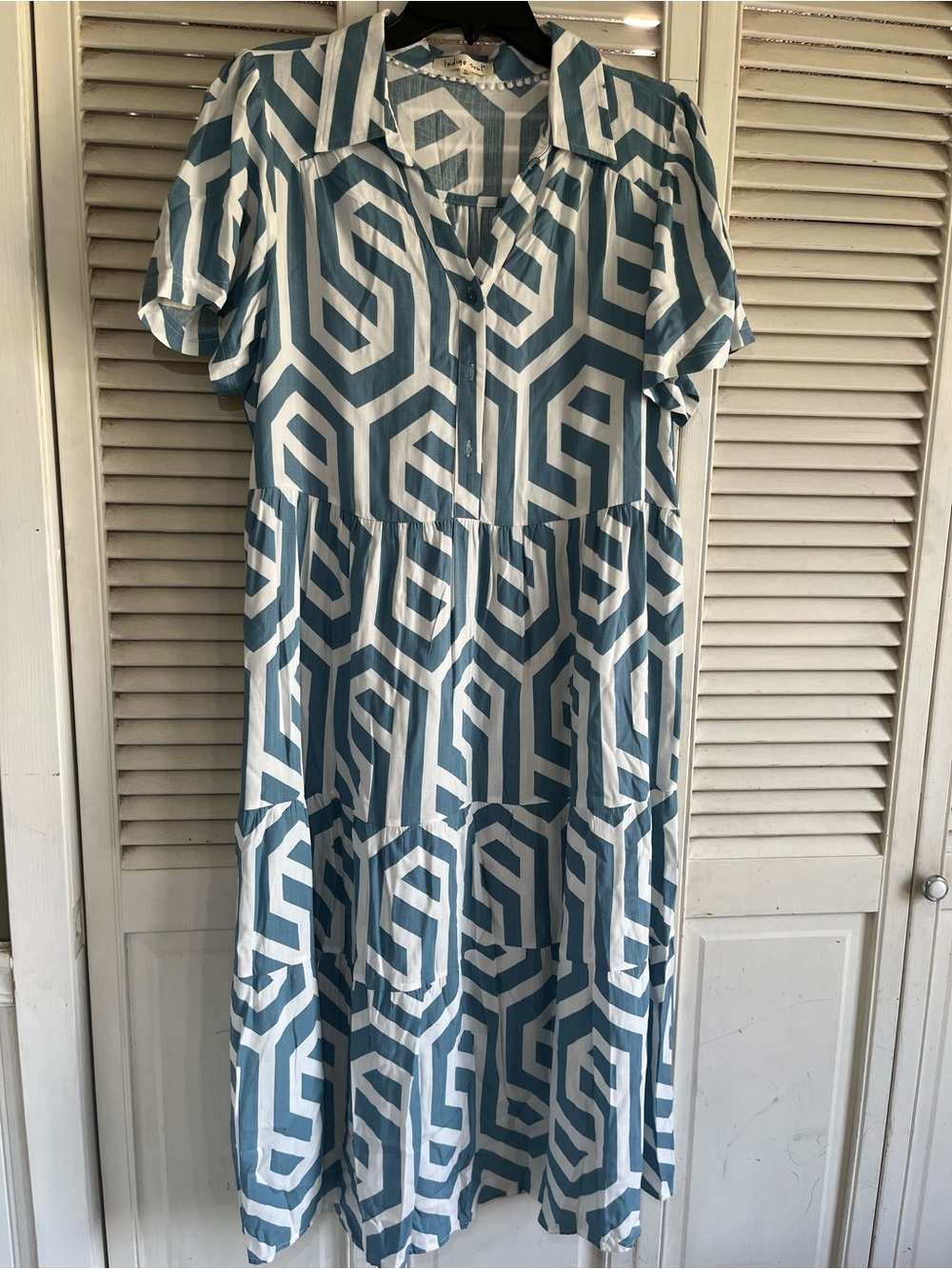 indigo soul Teal Blue and White Geometric Midi Dress